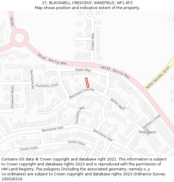 27, BLACKWELL CRESCENT, WAKEFIELD, WF1 4FZ: Location map and indicative extent of plot