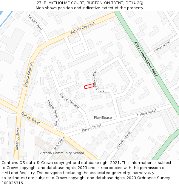 27, BLAKEHOLME COURT, BURTON-ON-TRENT, DE14 2QJ: Location map and indicative extent of plot