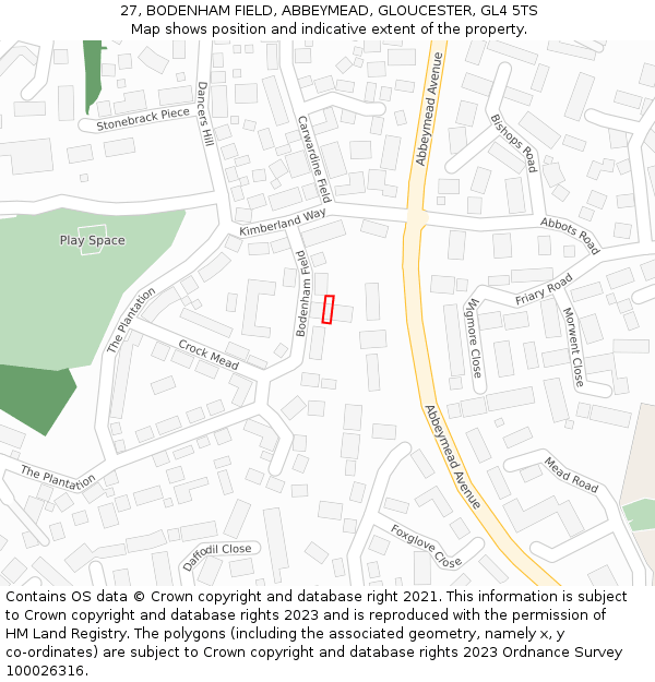 27, BODENHAM FIELD, ABBEYMEAD, GLOUCESTER, GL4 5TS: Location map and indicative extent of plot