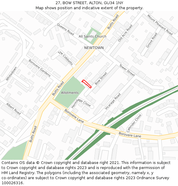 27, BOW STREET, ALTON, GU34 1NY: Location map and indicative extent of plot