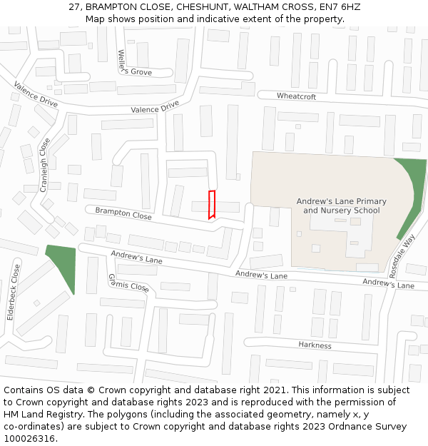27, BRAMPTON CLOSE, CHESHUNT, WALTHAM CROSS, EN7 6HZ: Location map and indicative extent of plot