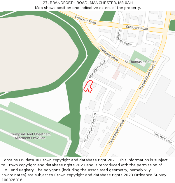 27, BRANDFORTH ROAD, MANCHESTER, M8 0AH: Location map and indicative extent of plot