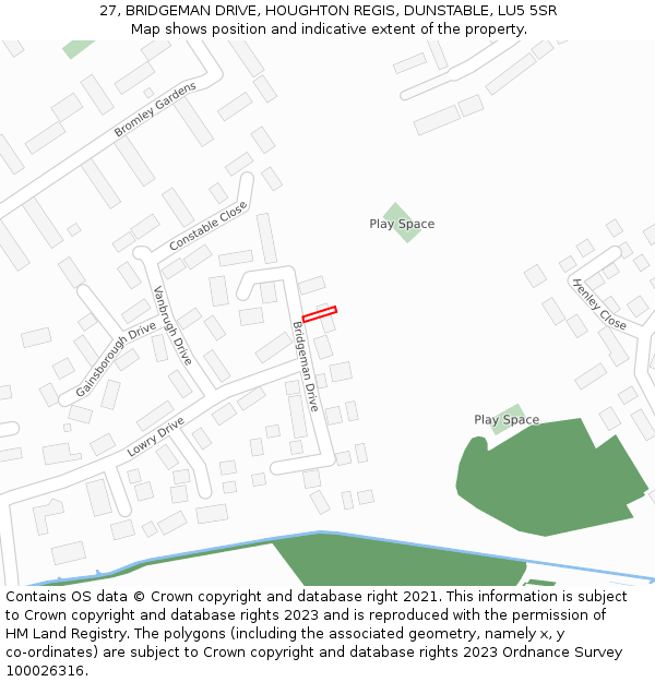 27, BRIDGEMAN DRIVE, HOUGHTON REGIS, DUNSTABLE, LU5 5SR: Location map and indicative extent of plot