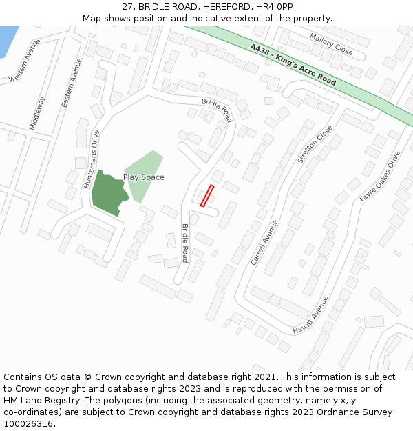 27, BRIDLE ROAD, HEREFORD, HR4 0PP: Location map and indicative extent of plot