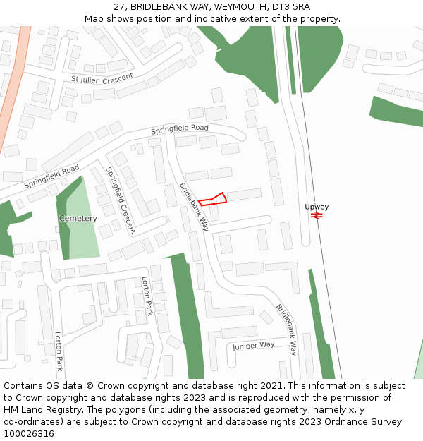 27, BRIDLEBANK WAY, WEYMOUTH, DT3 5RA: Location map and indicative extent of plot