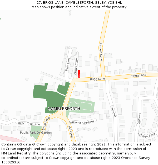 27, BRIGG LANE, CAMBLESFORTH, SELBY, YO8 8HL: Location map and indicative extent of plot