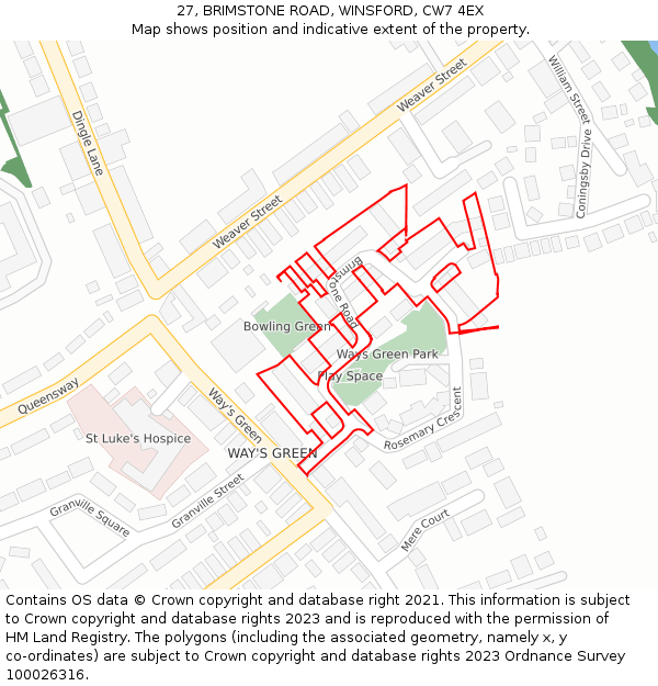 27, BRIMSTONE ROAD, WINSFORD, CW7 4EX: Location map and indicative extent of plot