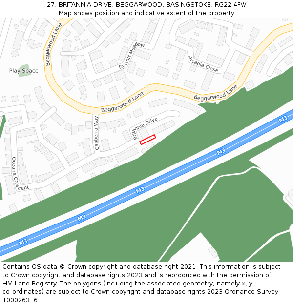 27, BRITANNIA DRIVE, BEGGARWOOD, BASINGSTOKE, RG22 4FW: Location map and indicative extent of plot