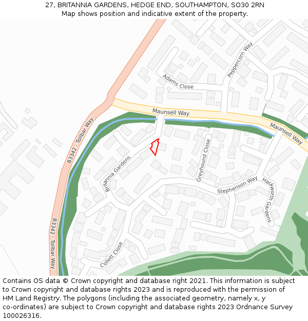 27, BRITANNIA GARDENS, HEDGE END, SOUTHAMPTON, SO30 2RN: Location map and indicative extent of plot