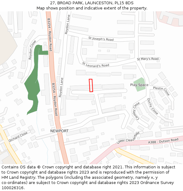 27, BROAD PARK, LAUNCESTON, PL15 8DS: Location map and indicative extent of plot