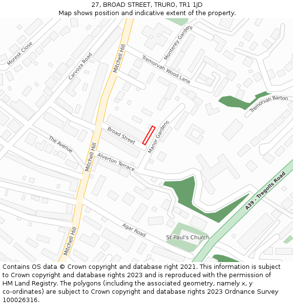 27, BROAD STREET, TRURO, TR1 1JD: Location map and indicative extent of plot