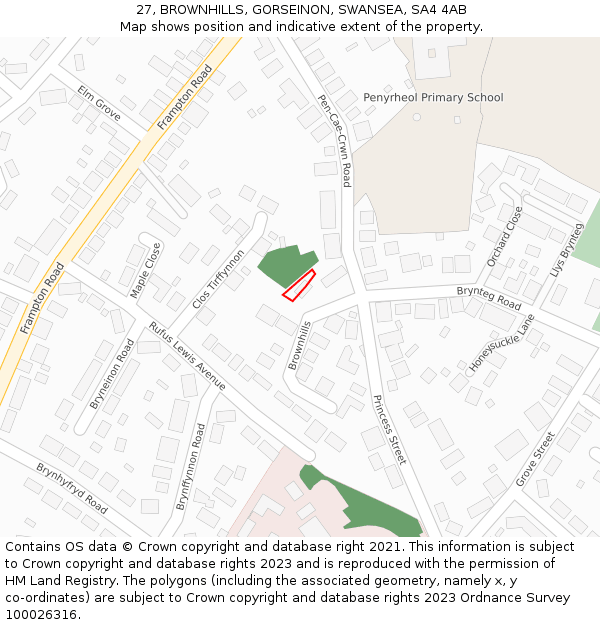 27, BROWNHILLS, GORSEINON, SWANSEA, SA4 4AB: Location map and indicative extent of plot