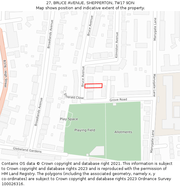 27, BRUCE AVENUE, SHEPPERTON, TW17 9DN: Location map and indicative extent of plot