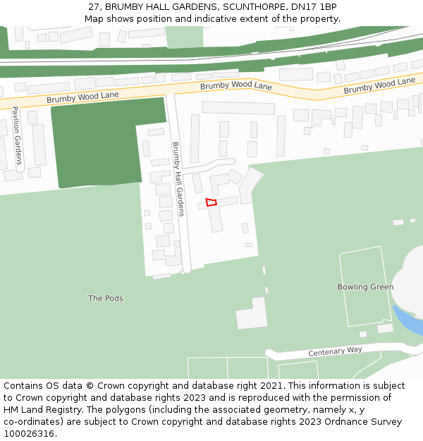 27, BRUMBY HALL GARDENS, SCUNTHORPE, DN17 1BP: Location map and indicative extent of plot