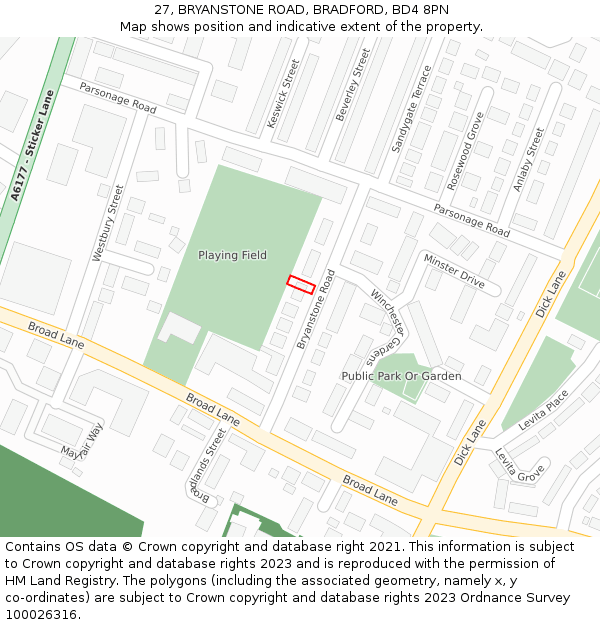 27, BRYANSTONE ROAD, BRADFORD, BD4 8PN: Location map and indicative extent of plot