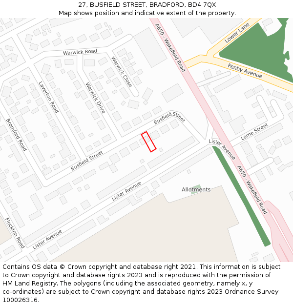 27, BUSFIELD STREET, BRADFORD, BD4 7QX: Location map and indicative extent of plot