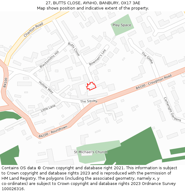 27, BUTTS CLOSE, AYNHO, BANBURY, OX17 3AE: Location map and indicative extent of plot