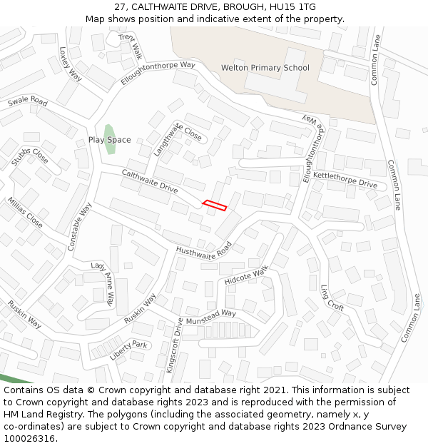 27, CALTHWAITE DRIVE, BROUGH, HU15 1TG: Location map and indicative extent of plot