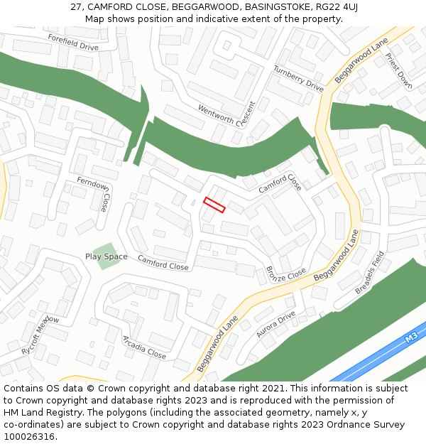 27, CAMFORD CLOSE, BEGGARWOOD, BASINGSTOKE, RG22 4UJ: Location map and indicative extent of plot