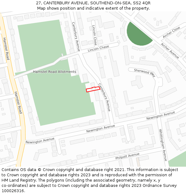 27, CANTERBURY AVENUE, SOUTHEND-ON-SEA, SS2 4QR: Location map and indicative extent of plot