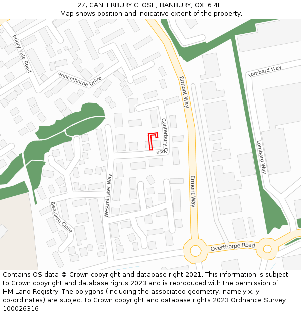 27, CANTERBURY CLOSE, BANBURY, OX16 4FE: Location map and indicative extent of plot