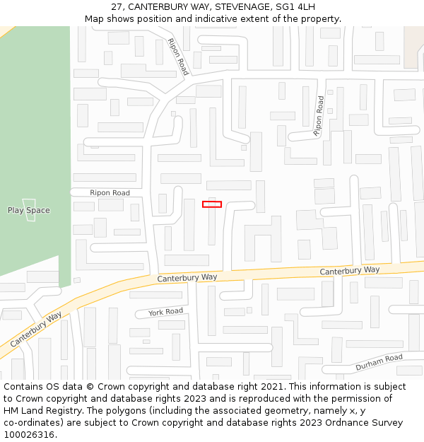 27, CANTERBURY WAY, STEVENAGE, SG1 4LH: Location map and indicative extent of plot