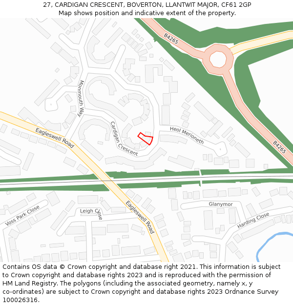 27, CARDIGAN CRESCENT, BOVERTON, LLANTWIT MAJOR, CF61 2GP: Location map and indicative extent of plot