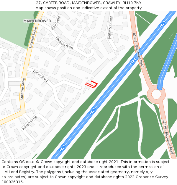 27, CARTER ROAD, MAIDENBOWER, CRAWLEY, RH10 7NY: Location map and indicative extent of plot
