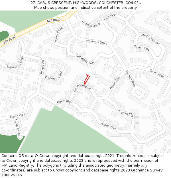 27, CARUS CRESCENT, HIGHWOODS, COLCHESTER, CO4 9FU: Location map and indicative extent of plot