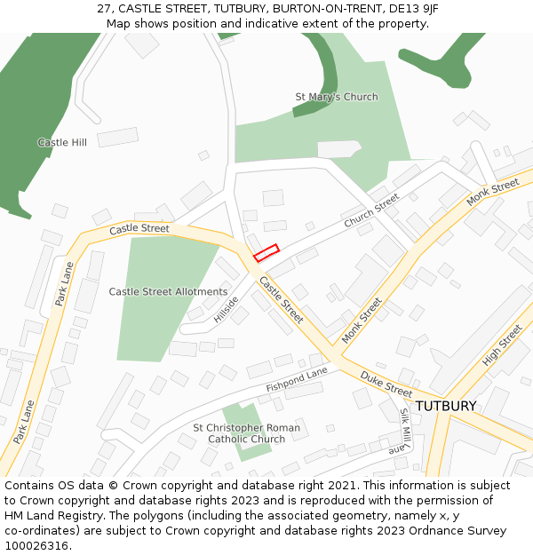 27, CASTLE STREET, TUTBURY, BURTON-ON-TRENT, DE13 9JF: Location map and indicative extent of plot