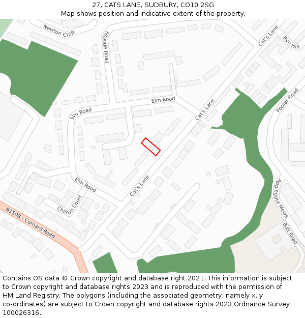 27, CATS LANE, SUDBURY, CO10 2SG: Location map and indicative extent of plot