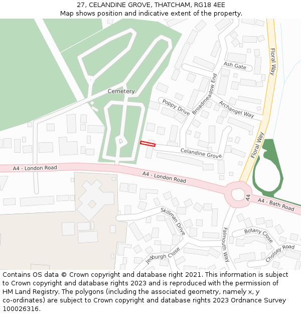 27, CELANDINE GROVE, THATCHAM, RG18 4EE: Location map and indicative extent of plot