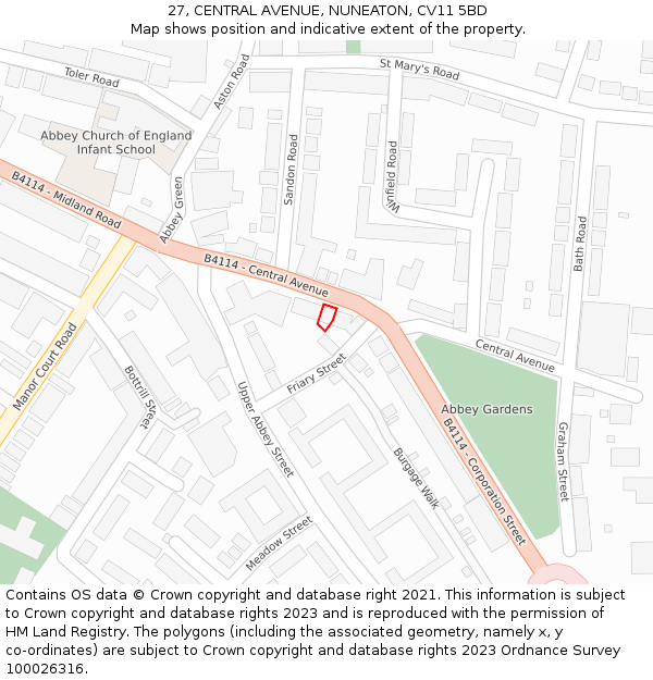 27, CENTRAL AVENUE, NUNEATON, CV11 5BD: Location map and indicative extent of plot