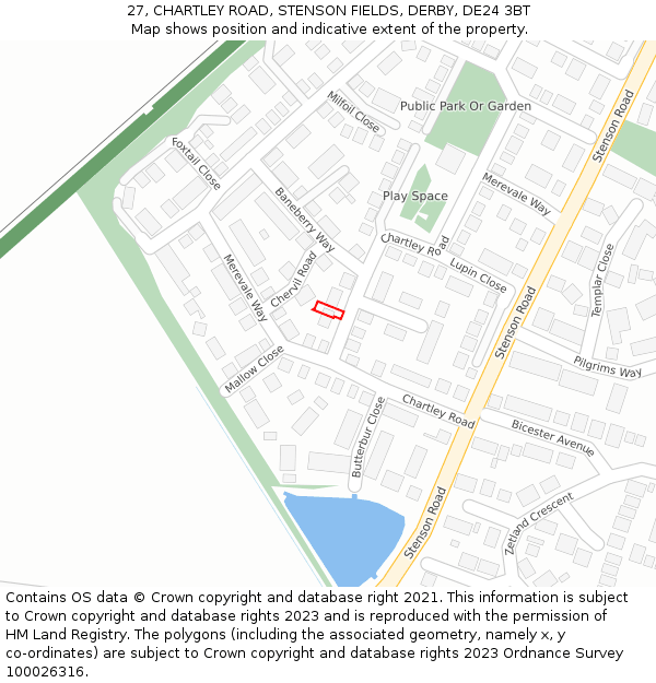 27, CHARTLEY ROAD, STENSON FIELDS, DERBY, DE24 3BT: Location map and indicative extent of plot