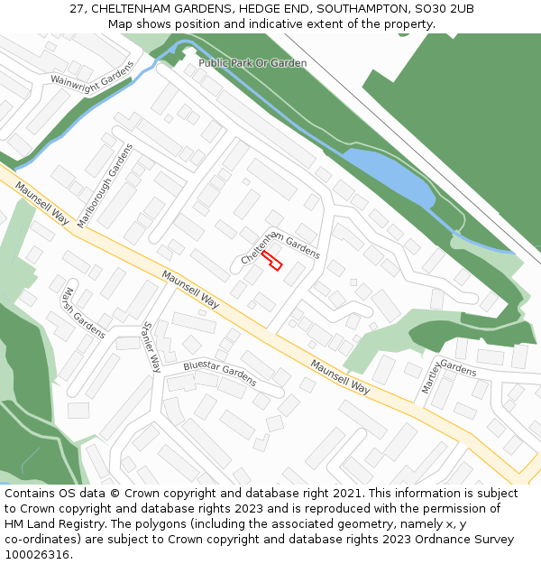 27, CHELTENHAM GARDENS, HEDGE END, SOUTHAMPTON, SO30 2UB: Location map and indicative extent of plot