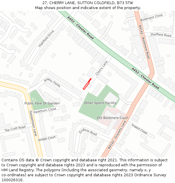 27, CHERRY LANE, SUTTON COLDFIELD, B73 5TW: Location map and indicative extent of plot