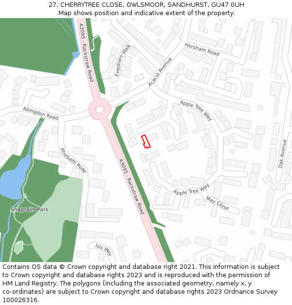 27, CHERRYTREE CLOSE, OWLSMOOR, SANDHURST, GU47 0UH: Location map and indicative extent of plot