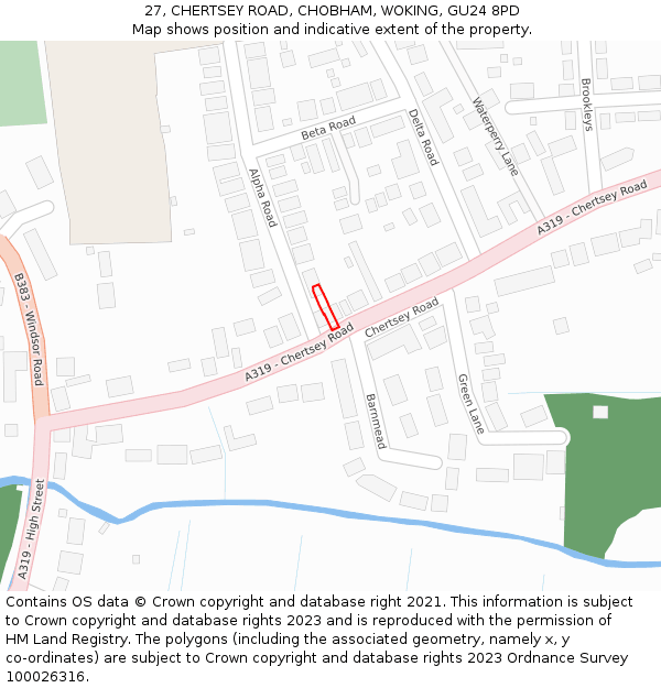 27, CHERTSEY ROAD, CHOBHAM, WOKING, GU24 8PD: Location map and indicative extent of plot