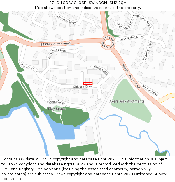 27, CHICORY CLOSE, SWINDON, SN2 2QA: Location map and indicative extent of plot