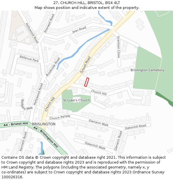 27, CHURCH HILL, BRISTOL, BS4 4LT: Location map and indicative extent of plot