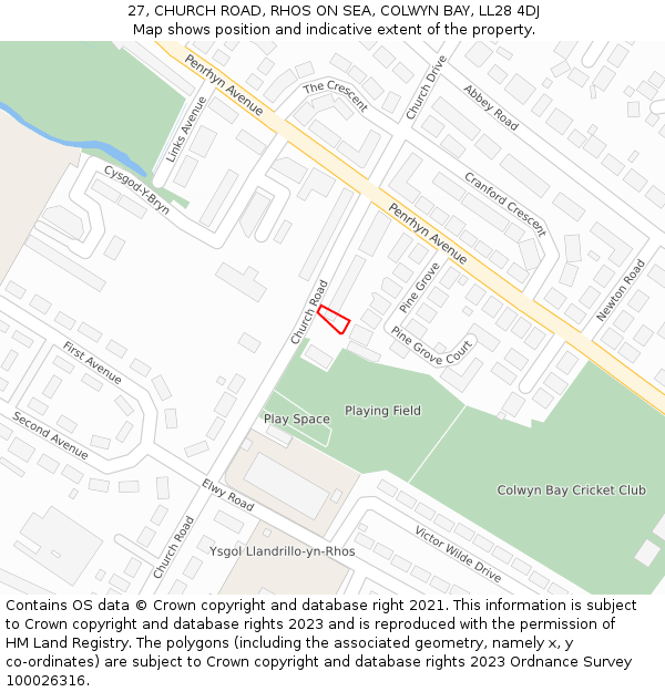 27, CHURCH ROAD, RHOS ON SEA, COLWYN BAY, LL28 4DJ: Location map and indicative extent of plot