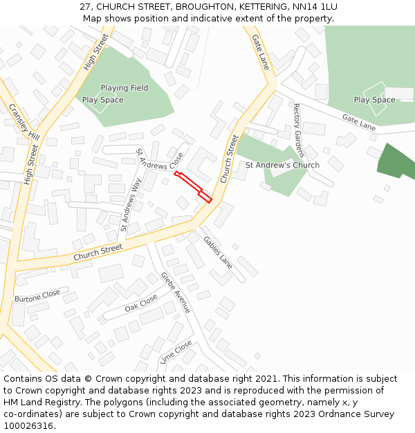 27, CHURCH STREET, BROUGHTON, KETTERING, NN14 1LU: Location map and indicative extent of plot
