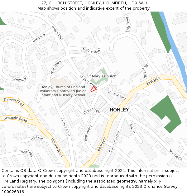 27, CHURCH STREET, HONLEY, HOLMFIRTH, HD9 6AH: Location map and indicative extent of plot