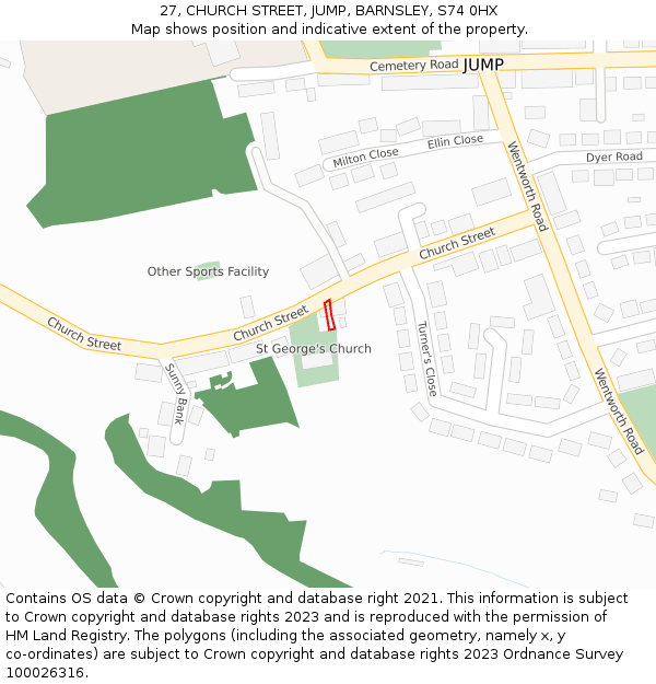 27, CHURCH STREET, JUMP, BARNSLEY, S74 0HX: Location map and indicative extent of plot