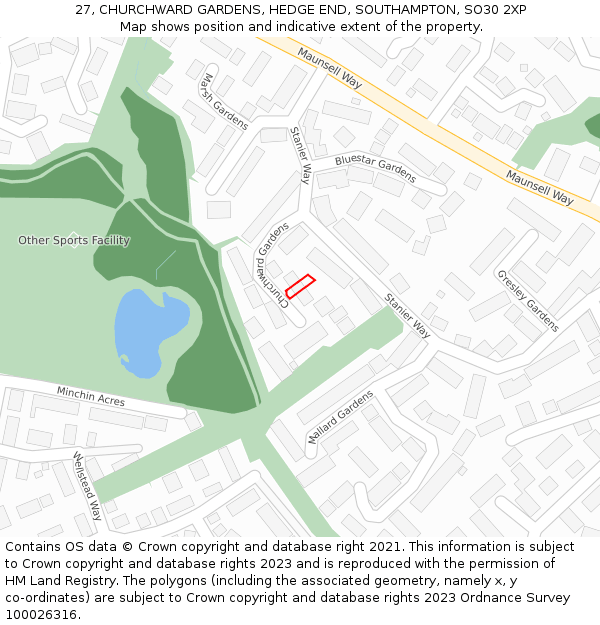 27, CHURCHWARD GARDENS, HEDGE END, SOUTHAMPTON, SO30 2XP: Location map and indicative extent of plot