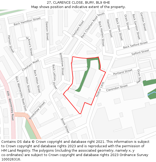 27, CLARENCE CLOSE, BURY, BL9 6HE: Location map and indicative extent of plot