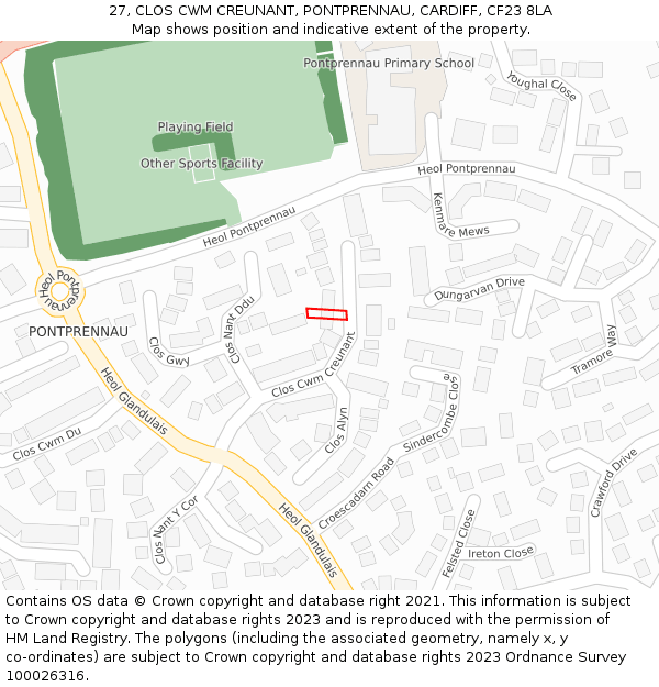 27, CLOS CWM CREUNANT, PONTPRENNAU, CARDIFF, CF23 8LA: Location map and indicative extent of plot
