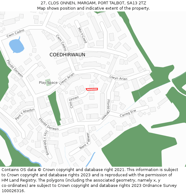 27, CLOS ONNEN, MARGAM, PORT TALBOT, SA13 2TZ: Location map and indicative extent of plot