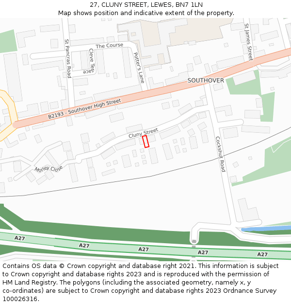 27, CLUNY STREET, LEWES, BN7 1LN: Location map and indicative extent of plot