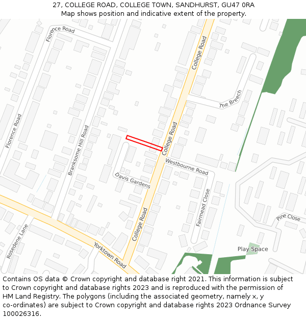 27, COLLEGE ROAD, COLLEGE TOWN, SANDHURST, GU47 0RA: Location map and indicative extent of plot